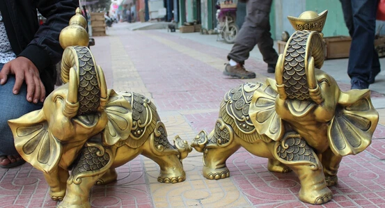 

shitou 001921 20" Folk Chinese Bronze Animals Gourd YuanBao Auspicious Fu Elephant Statue Pair discount 30% (C0324)