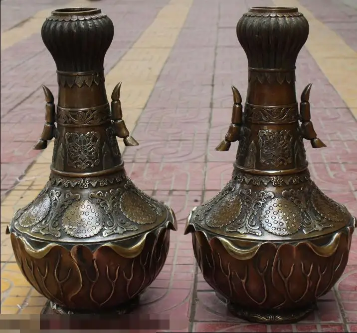 

S01448 21" Chinese Dynasty palace Bronze lotus root Flower Vase Bottle Pot Statue Pair B0403