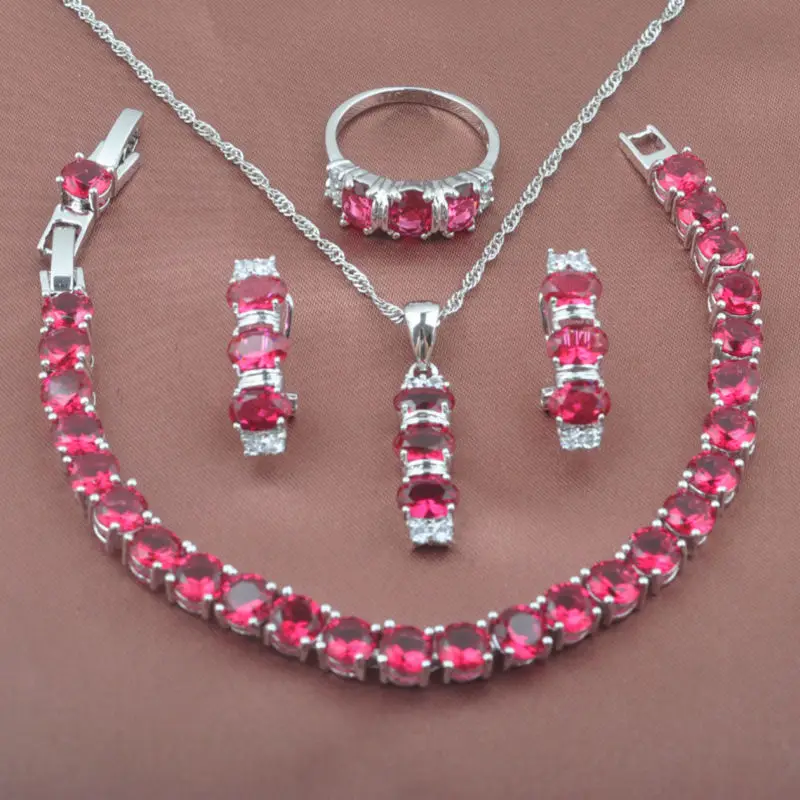 

Fabulous Rose Red Zirconia 925 Sterling Silver Women's Jewelry Sets Bracelet Necklace Pendant Earrings Ring YZ0155