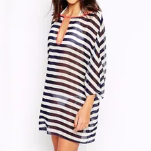 Дизайн в полоску пляжное бикини прикрытие женское сексуальное полупрозрачное свободное платье шифон пляж костюм прикрытие отдых плюс размер платье