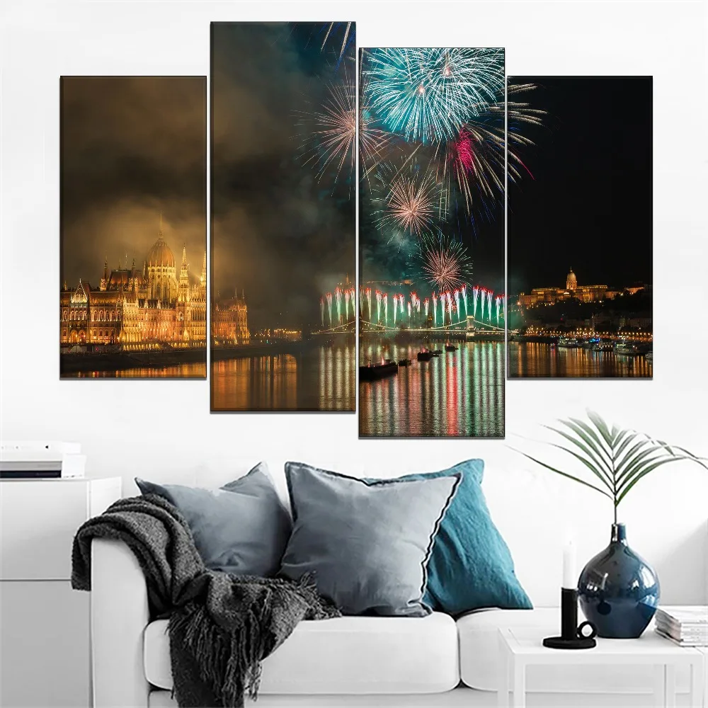 

Fireworks Landscape Picture Canvas Print Type Modern Home Decor Wall 4 Panel Budapest Hungary Night City Celebration Painting