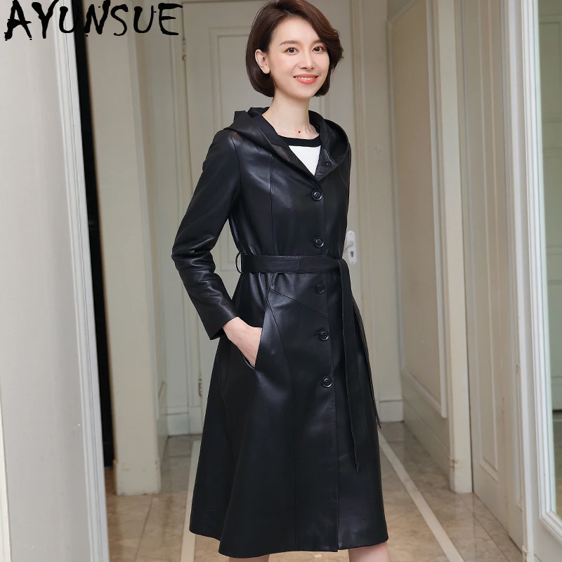 

AYUNSUE 100% Real Sheepskin Coat Female Genuine Leather Jacket Long Trench Coats and Jackets Women Hooded Korean Outwear MY3709