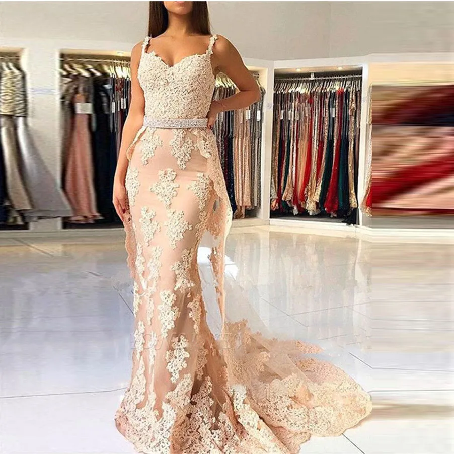 

Abendkleider 2019 Peach Lace Appliques Mermaid Evening Gowns Luxury Crystal Beaded Sash Prom Gown Formal Clothing