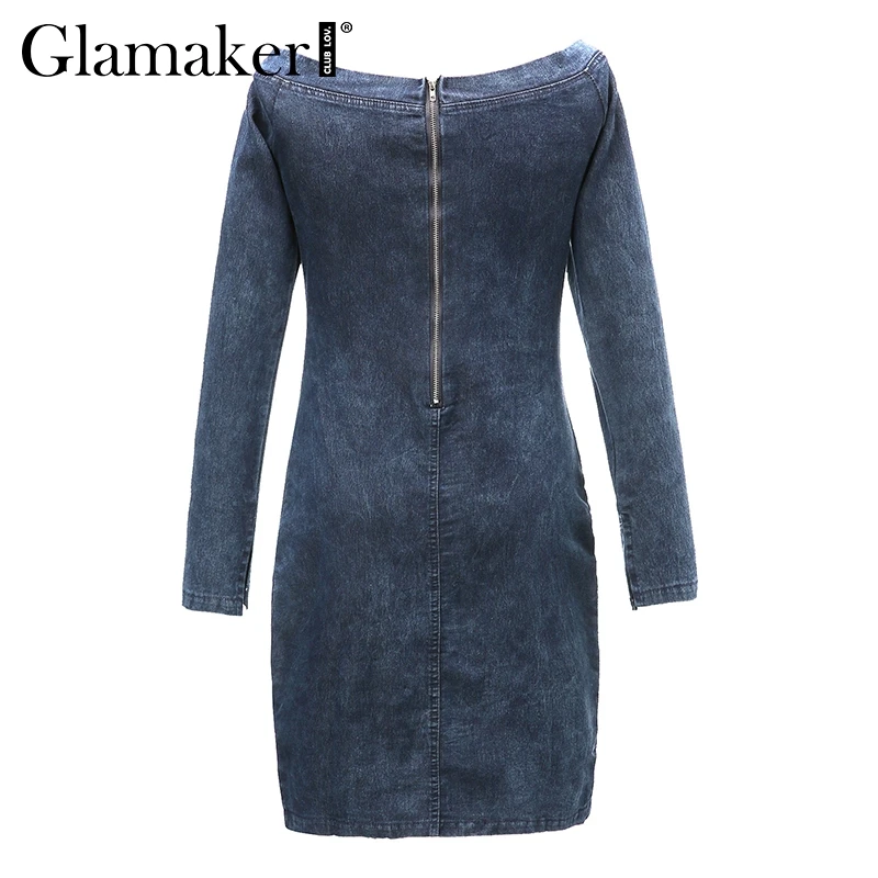 Glamaker, сексуальное джинсовое синее Клубное платье с открытыми плечами для женщин, Дамское Короткое облегающее платье на молнии, летнее винтажное праздничное платье