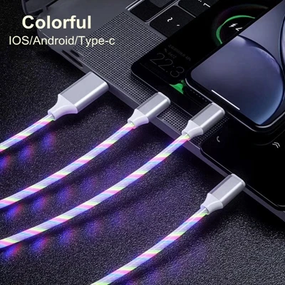 3 в 1 быстрая зарядка мобильный телефон данные кабельного USB кабеля светодиодный светящийся поток данных USB зарядное устройство кабель для iPhone X XR 6 samsung Galaxy S9 - Цвет: Colorful