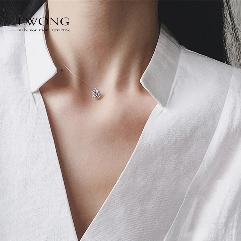 EY_ Women round Cubic Zirconia Pendant Necklace Transparent Fishing Line Chain EY_ Women round Cubic Zirconia Pendant Necklace Transparent Fishing Line Chain