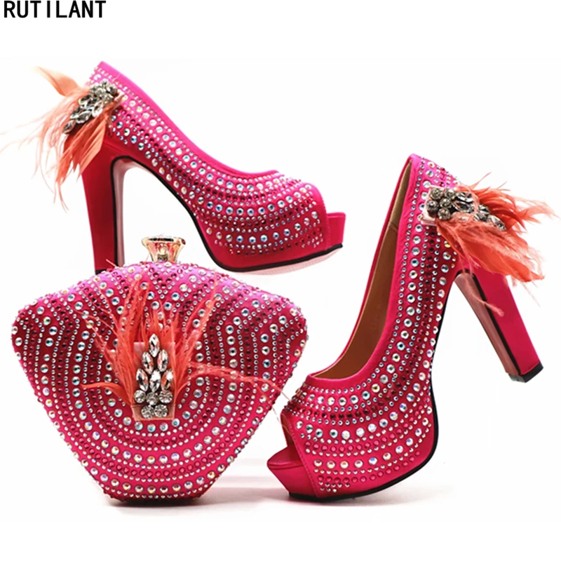 

Women Shoes High Heel Ladies Italian Shoes and Bag Set Decorated with Rhinestone African Shoes and Bag Set for Party In Women