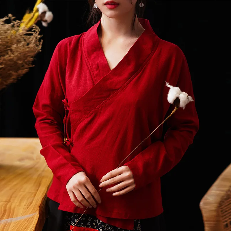 Chinese traditional Hanfu Women Cotton Linen Shirt Blouse Vintage Ladys Solid ops Oriental Hanfu Stage Show Bottoming shirt