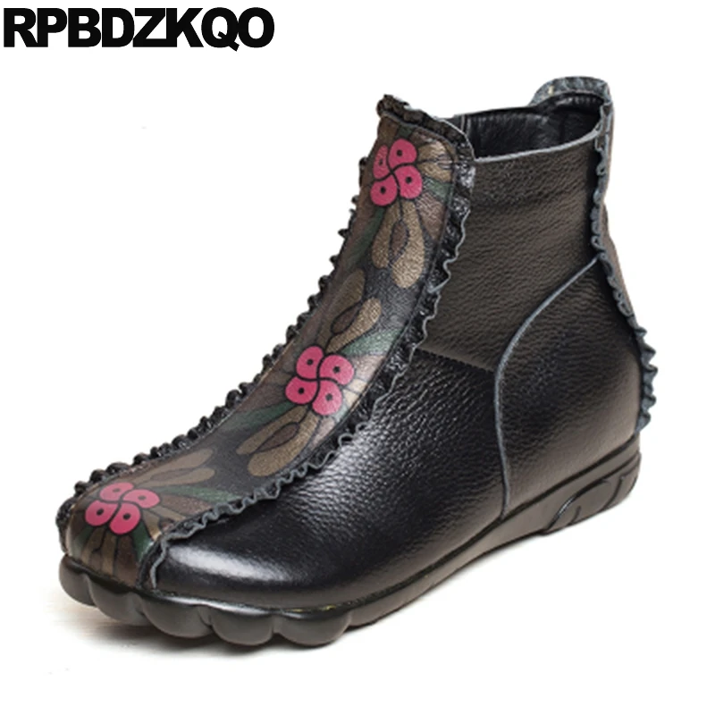 

Chinese Flat Winter Women Ankle Boots 2016 Round Toe Flower Printed Shoes High Quality Fur Booties Wedge Fall Black Floral Print