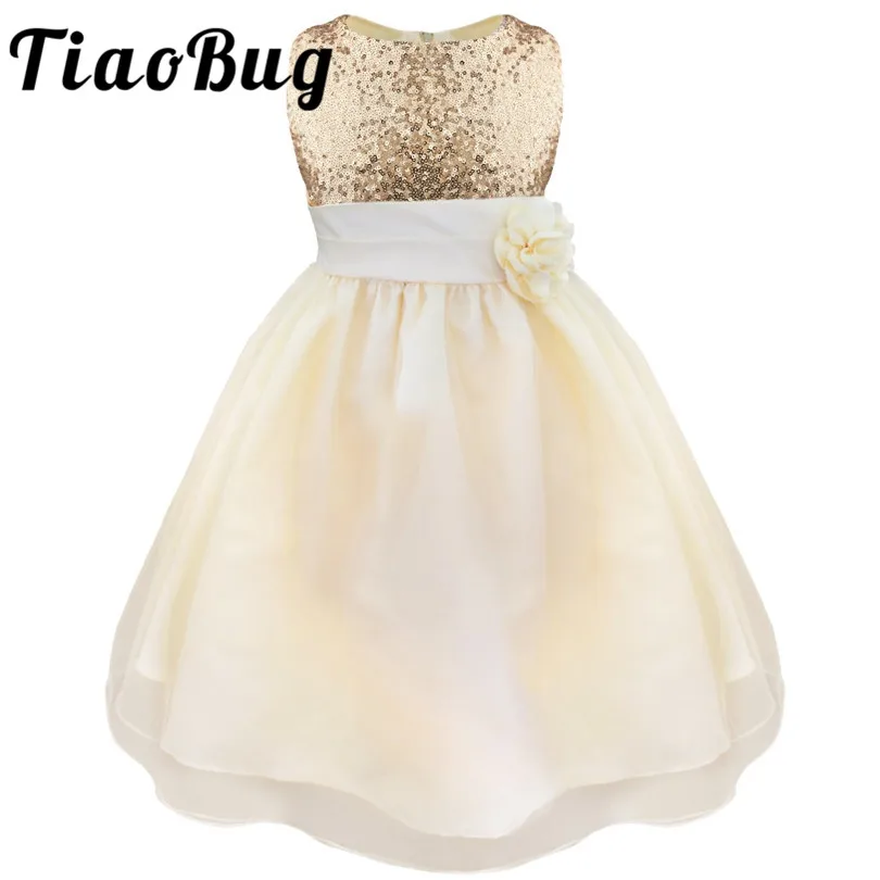 

TiaoBug 2017 Lovely Ball First Communion Dresses Girls Kids Evening Gowns Tea-Length Sequined Scoop Sleeveless Pageant Dress