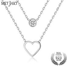MetJakt Trendy 925 Sterling Silver Double Chain Heart Charm with Single Zircon Pendants Necklace for Women’s Best Gift Jewelry