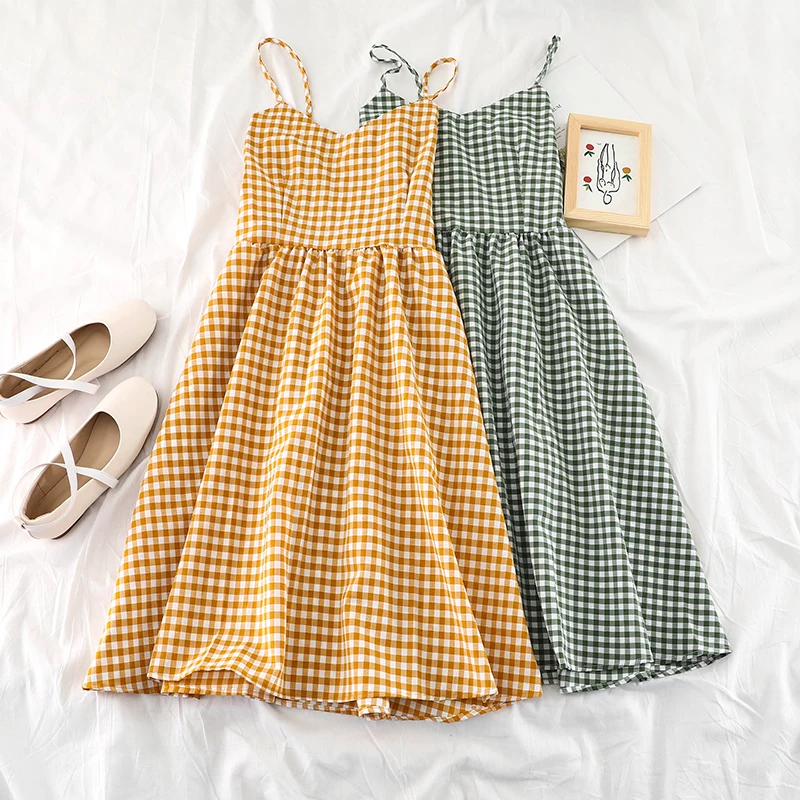 

Summer Ladies Sweet Lattice A-line V-neck Swing Middle Dress Women Classic Campus Retro Slim High Waist Slip Dress