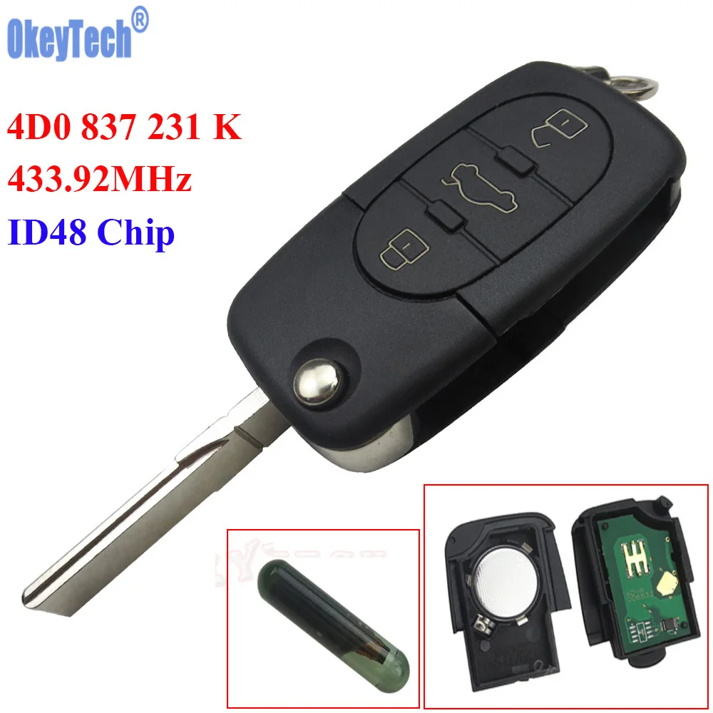 

OkeyTech 433MHz 3 Buttons Remote key Keyless Entry Fob ID48 Transponder Chip for Audi A6 TT Old Models 4D0 837 231 K 4D0837231K