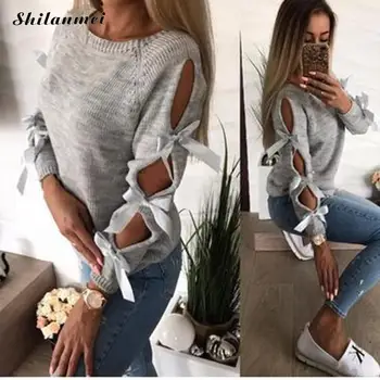 

New Women Bow Hollow Out Autumn Long Sleeve Sweater 2018 Fashion Knitting Pullover Tops Causal O-Neck Female Knitwear Jumper