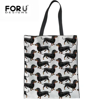 

FORUDESIGNS Canvas Handbag Fashion Shoulder Bag for Teenager Girls Shopping Tote Bag Cute Dachshunds Print Ladies Hand Beach Bag