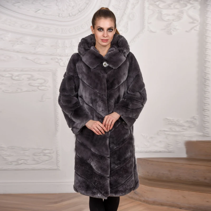 2018 Fashion Women Real Fur Coat Nature Fur From Rex Rabbit Fur Creative Twill Long Jackets With Stand Collar Autumn Winter Tops