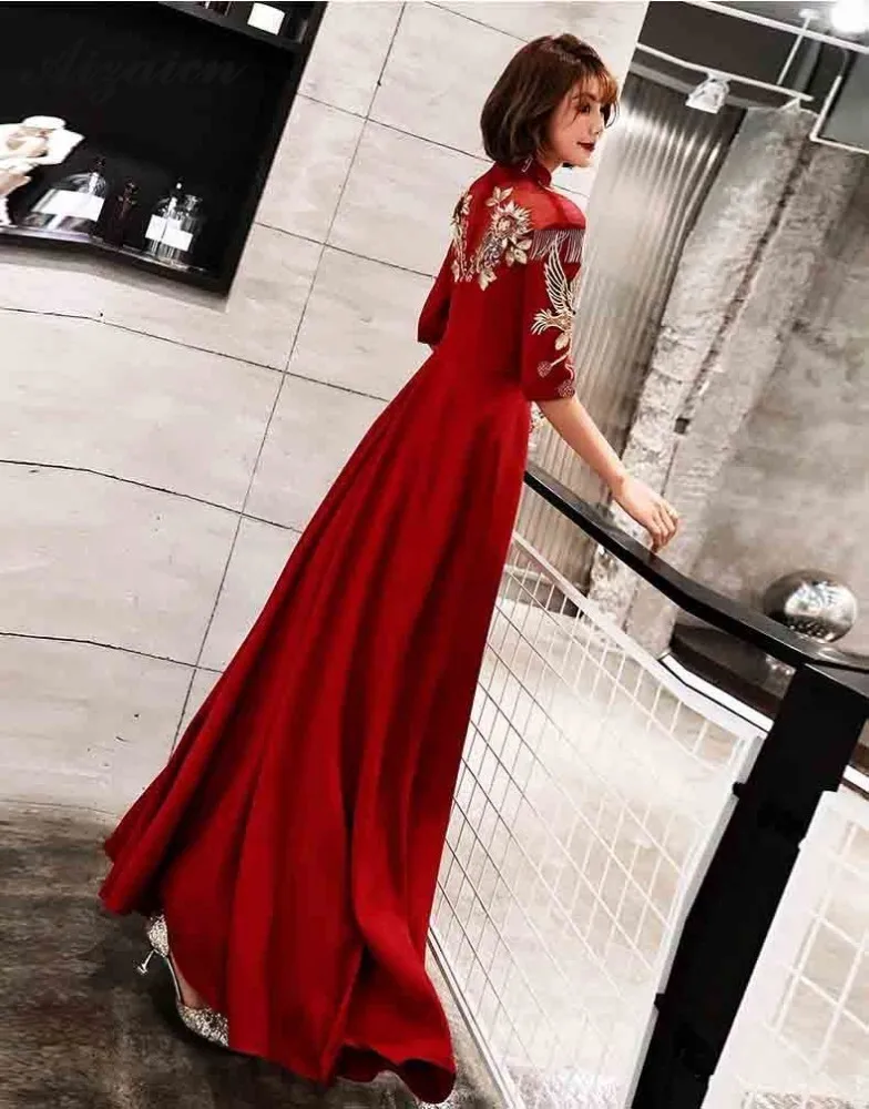 Bordado rojo Qipao chino tradicional boda Vestido Cheongsam винтажный bata 2019 Восточный ropa Китай borla larga vestidos