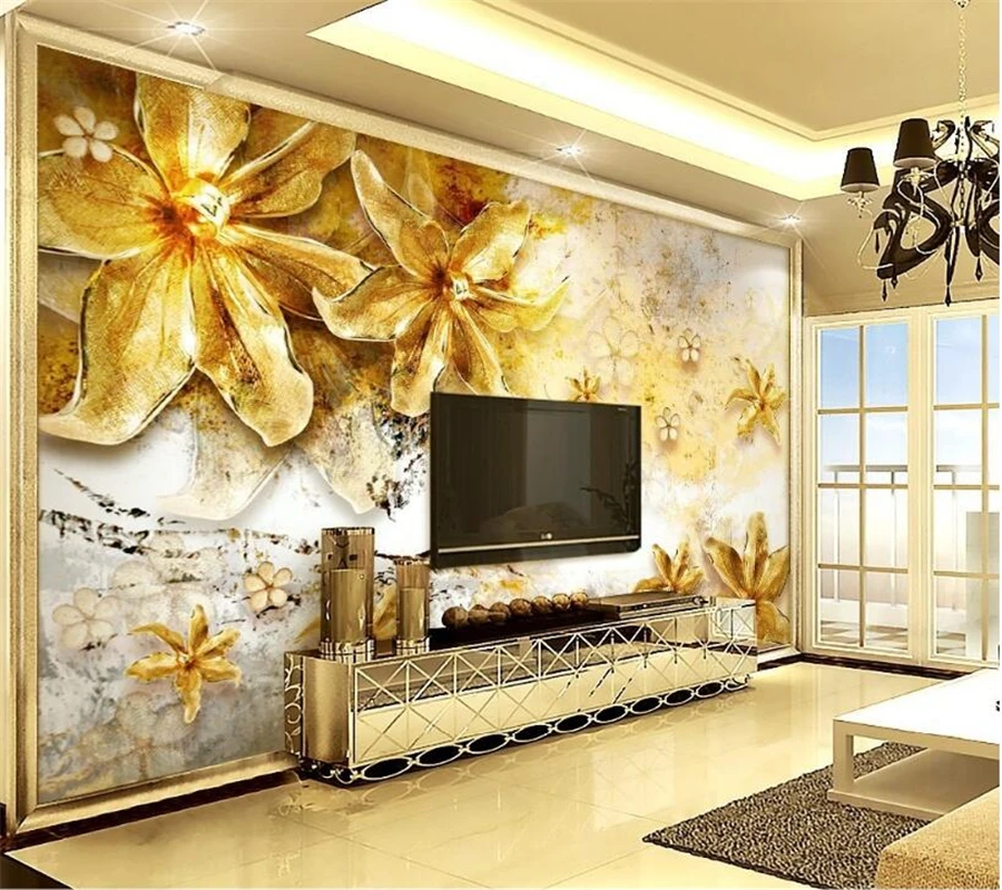 Beibehang Custom Wallpaper 3d European Golden Retro Jewelry 3d Flower