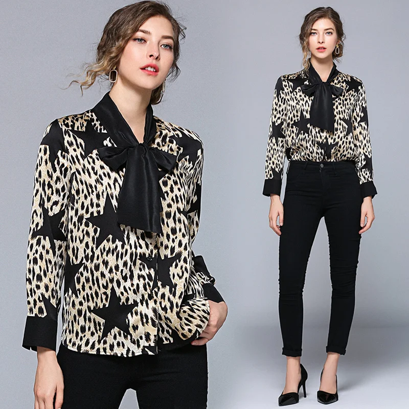 

New Leopard Shirt Women's Stand Collar Bow Splicing Long Sleeve Shirt Top Casual Formal Blouse Shirt Female Blusas