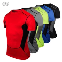 Новые мужские спортивные футболки для бега компрессионные с коротким рукавом для мужчин Бодибилдинг, тренировка колготки спортивная рубашка беговые дорожки быстросохнущие