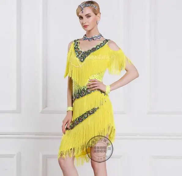

yellow New customize embroidery flower green and yellow latin Rumba cha cha salsa tango Latin dance competition dress