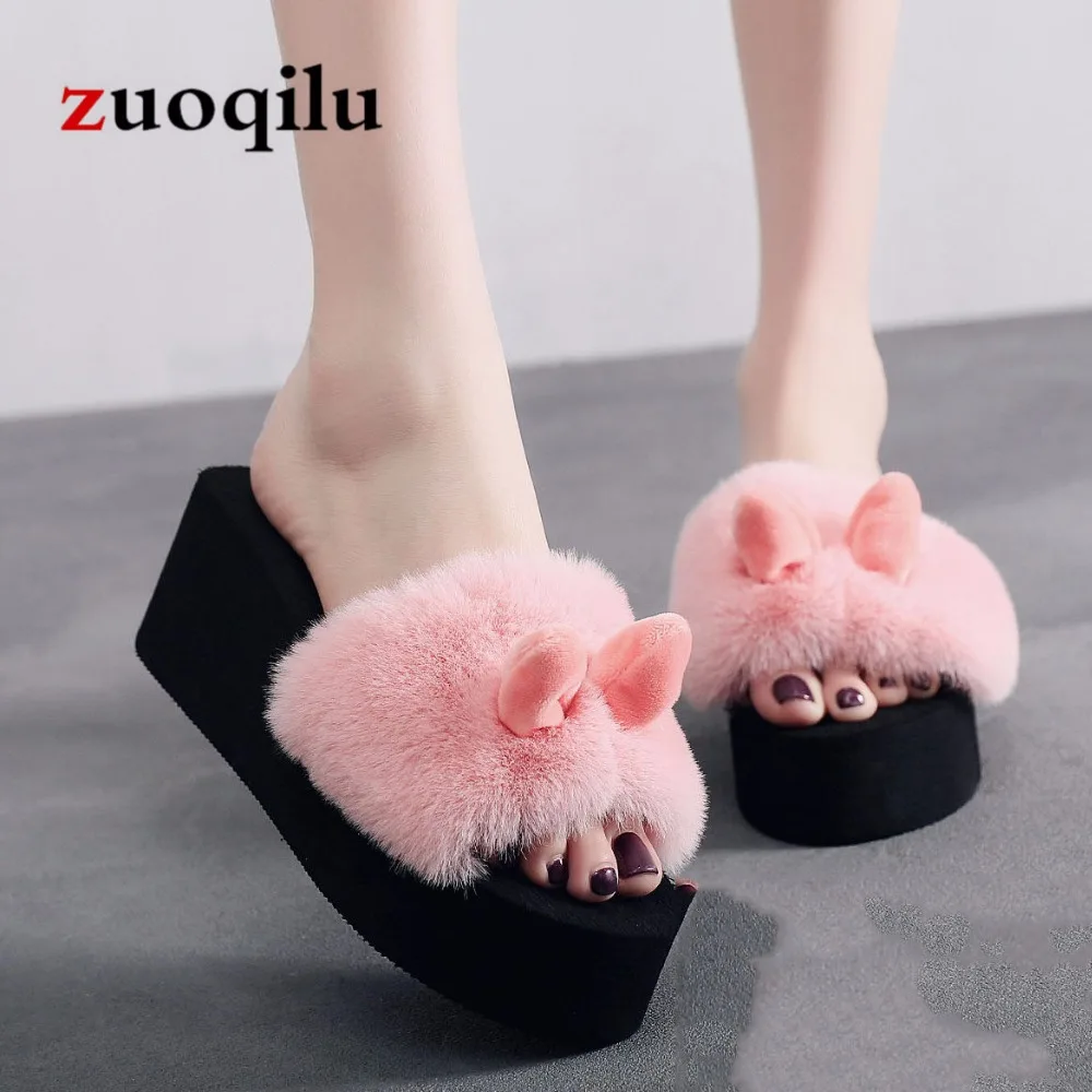 

Women Slippers 2018 Autumn Winter Slippers Casual Warm Women Shoes Suede Wedges eather Rabbit Ears Women Cotton Slippers