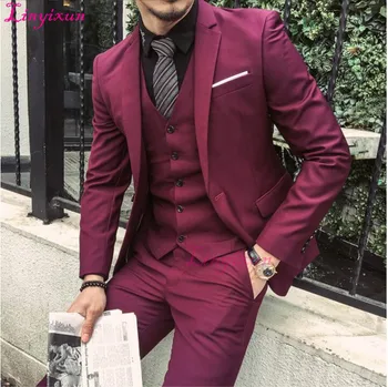 

Linyixun Tailor Made Burgundy Wine Red Slim Fit Groom Prom Blazer Formal Costume Marriage Homme 3 Piece Tuxedo