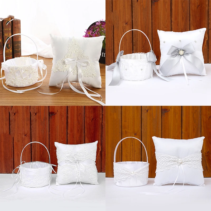 

2pcs Set Pearl Bow Wedding Flower Basket Lace 20x20 Wedding Ring Pillow 18x13 Flower Girl Basket Creative Wedding Decoration