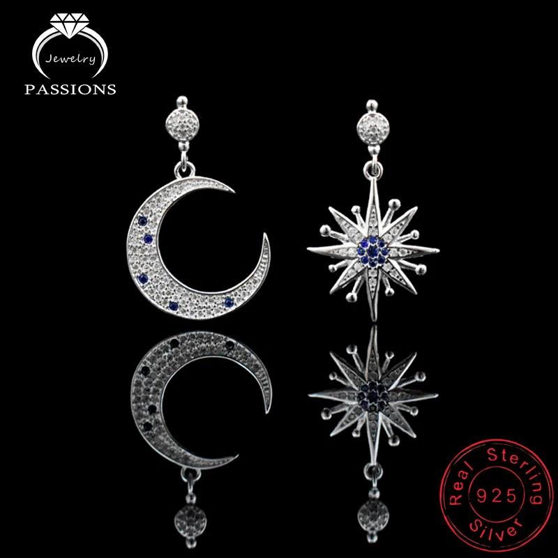 

PASSIONS New Fashion Jewelry Maxi Brincos Star and Moon Long CZ Earrings Asymmetry Silver Pleate Tassel Earings For Women