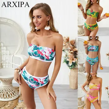 

ARXIPA 2019 Sexy Bandeau Bikini Set High Waisted Swimsuit for Women Print Swimwear Brazilian Bathing Suit Push Up Floral New Hot