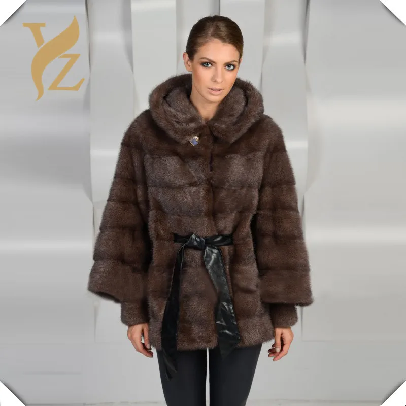 Whole Skin Mink Fur 100 Genuine Mink Coat With Hood Slim With Belt