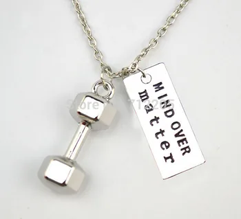 

New Arrival Fitness Weightlifting jewelry 10pcs Large Dumbbell barbell with MIND OVER matter Gym sports necklaces
