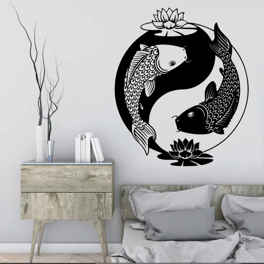 

Wall Decal Chinese Style Vinyl Sticker Fish Tai Chi Goldfish Zen Oriental Lotus Philosophy Bedroom Living Room Decoration WW-138