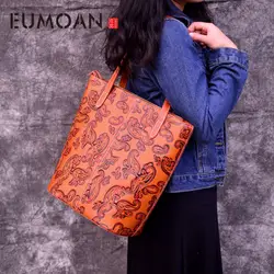 EUMOAN Для женщин Винтаж тенденция натуральная кожа рельефная сумка с короткими ручками Сумка Для женщин кожаная сумка ручной работы
