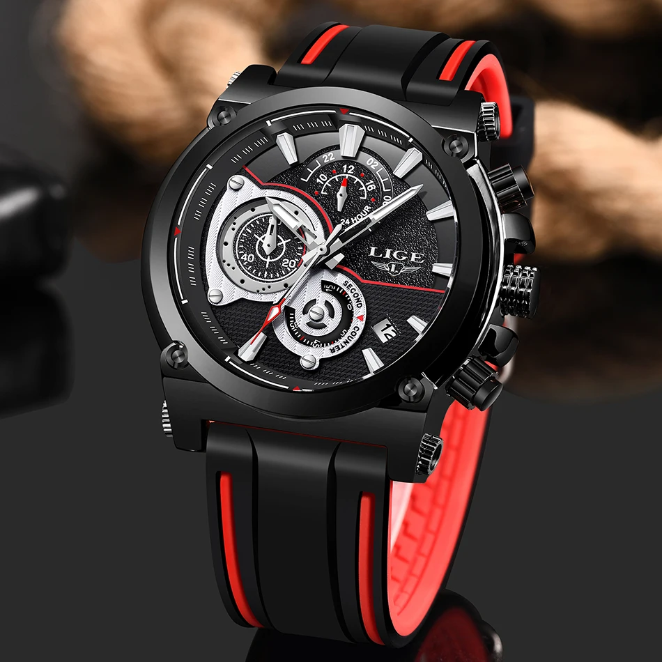 Для мужчин часы lige Top Элитный бренд Бизнес силиконовый ремешок Водонепроницаемый кварцевые наручные часы Для мужчин Модные Военные хронограф дат+ коробка