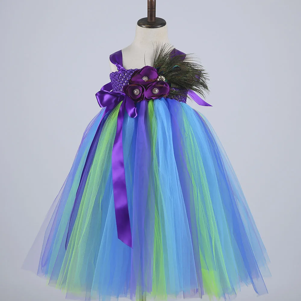 Peacock Princess Tutu Dress Flower Feathers Girl Party Dress Kids Pageant Ball Gowns for Girls Wedding Halloween Dress Costume