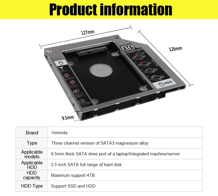Универсальный 2-й 9,5 мм алюминиевый HDD Caddy SATA 3,0 для 2," SSD чехол HDD корпус для ноутбука CD-ROM жесткий диск кронштейн