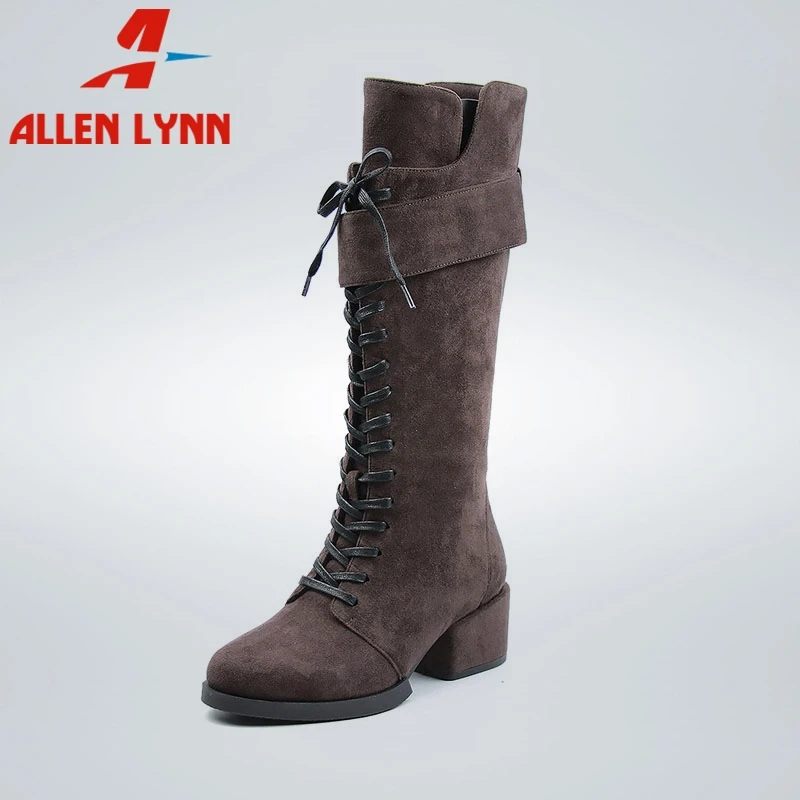 

ALLEN New Fashion Mid Calf Boots Cross Tied Zip Ladies Square Heels Shoes Woman Casual Ol Spring Autumn Boots Big Size 35-42