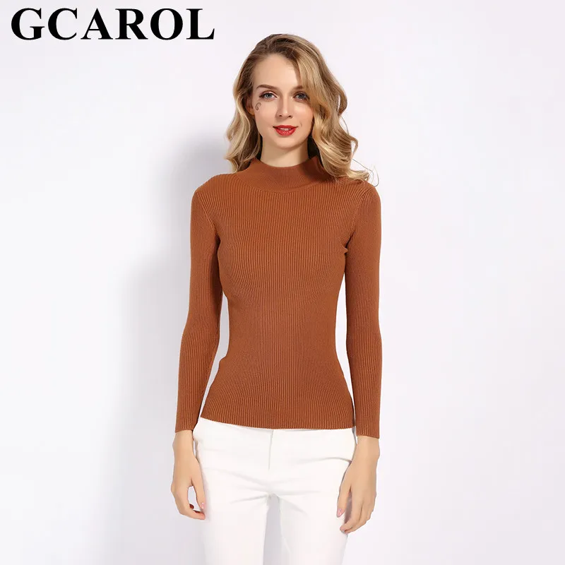 

GCAROL New Fall Winter Women Stand Collar Sweater Stretch Slim Thin Jumper OL Render Knit Pullover Tops In 9 Colors