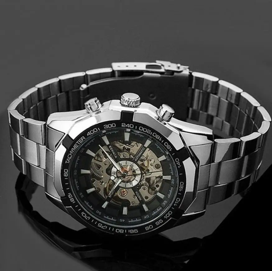 

Hot marking 2016  Men's Skeleton Dial Stainless Steel Self-Wind Up Mechanical Automatic Watch F07