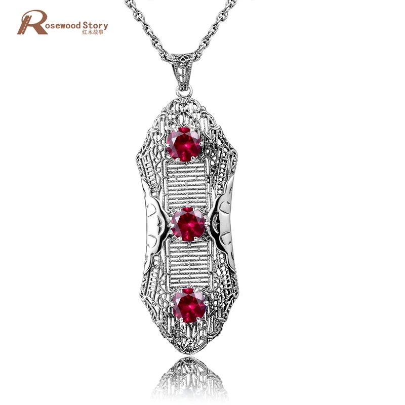 

Hot Sale 100% Pure 925 Sterling Silver Vintage Crystal Pendant Necklaces Red CZ Stone For Women Jewelry Friend Handmade Gift