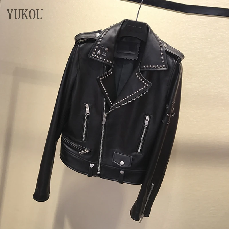 

YUKOU 100%Real Sheepskin Genuine Women Coats Sheepskin Genuine Leather Short Jacket Motorcycle Leather Clothing Rivet Decoration