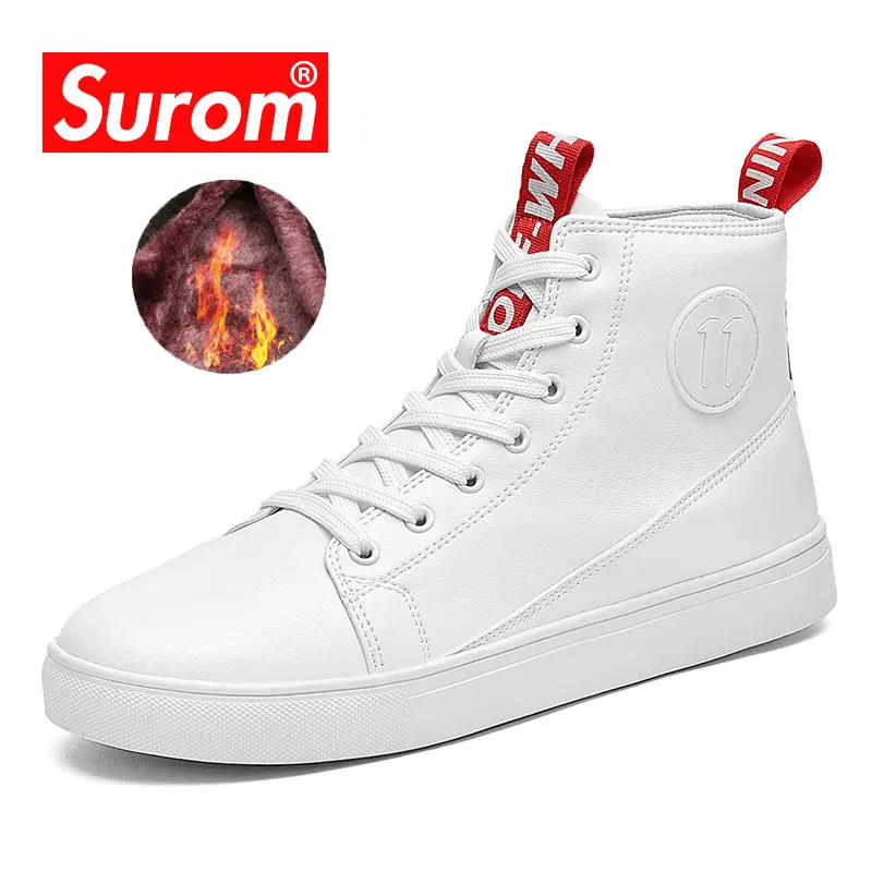 

SUROM Men Winter Warm Walking Shoes Lace Up Outdoor High Top Men Sneakers High Quality PU Leather Shoes Waterproof Men shoe