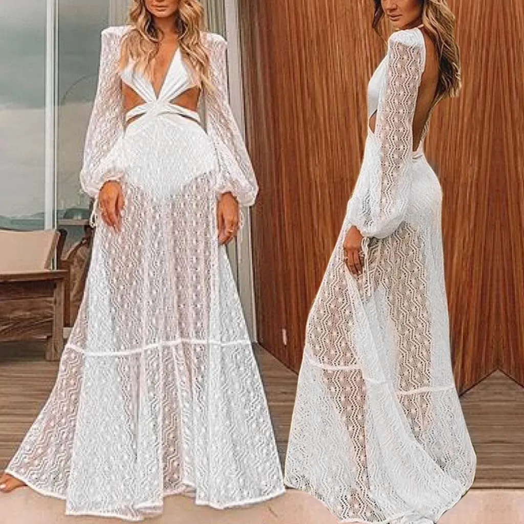 

Women Clothes 2019 Summer Dress Sexy Long Sleeve Deep V Neck Beach Dress Robe Blanche Club Dres Can Drop Ship Very Fast Shipping