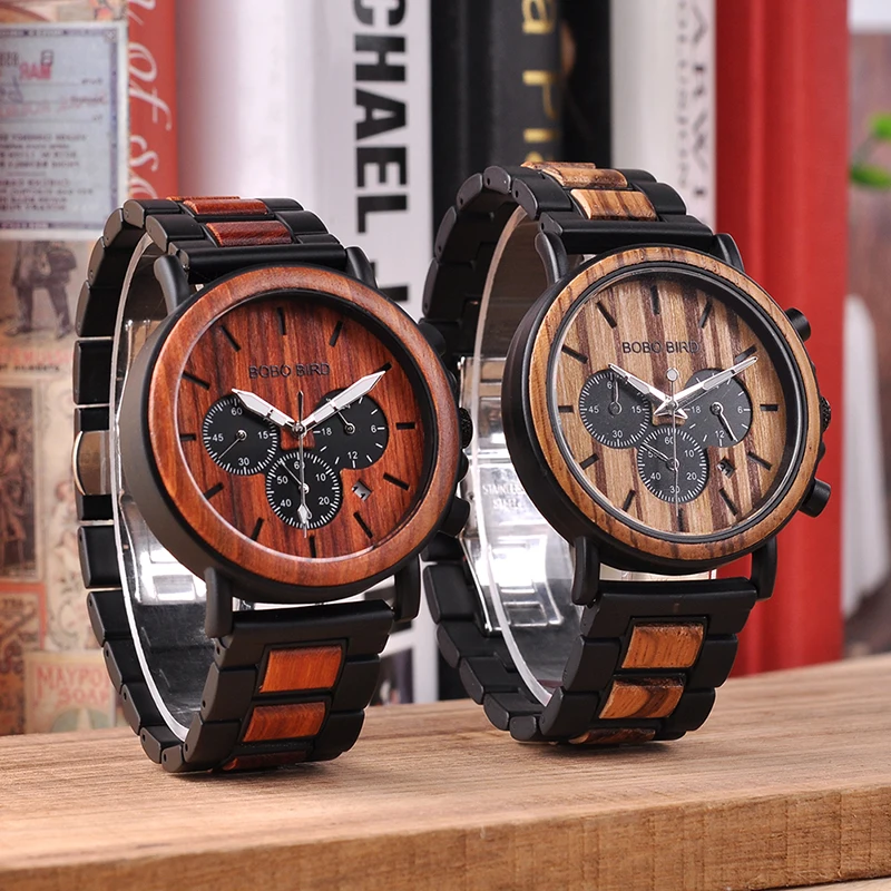 BOBO BIRD Steel Watch Men Top Brand Luxury Luminous Hands Quartz Wooden Wristwatches with Date Display orologi da polso