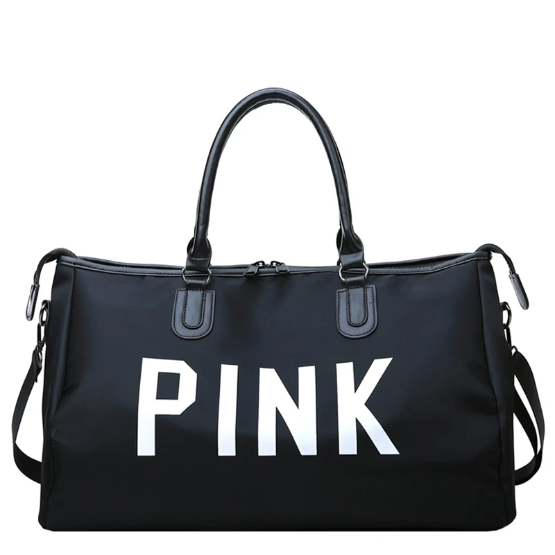 

Fashion Pu Black Leather Travel Bag Men Pink Letter Bag for Trip Man Large Capacity Bolsos De Viaje Mujer Women Big Duffle Bag