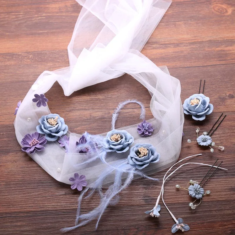 

Pretty Yarn Blue Dried Flower Handmade Bridal Hair Pins and Headband Tiara Set Headdress Wedding Hair Accessories Jewelry SL