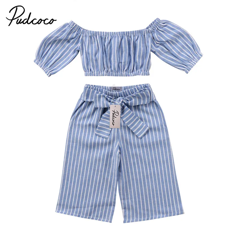 

2018 Hot Selling Toddler Baby Girls Off-shoulder Blouse Tops+Striped Bow Loose Pants 2PCS Street Style Fashion Beach Kid Clothes