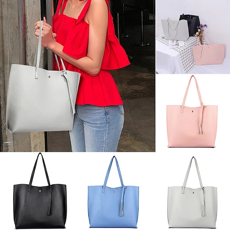 Women Handbags Solid Color Tassel Pendant Big Capacity Shoulder Bag Fashion Simple Female Vintage Tote Shopping Travel Bag