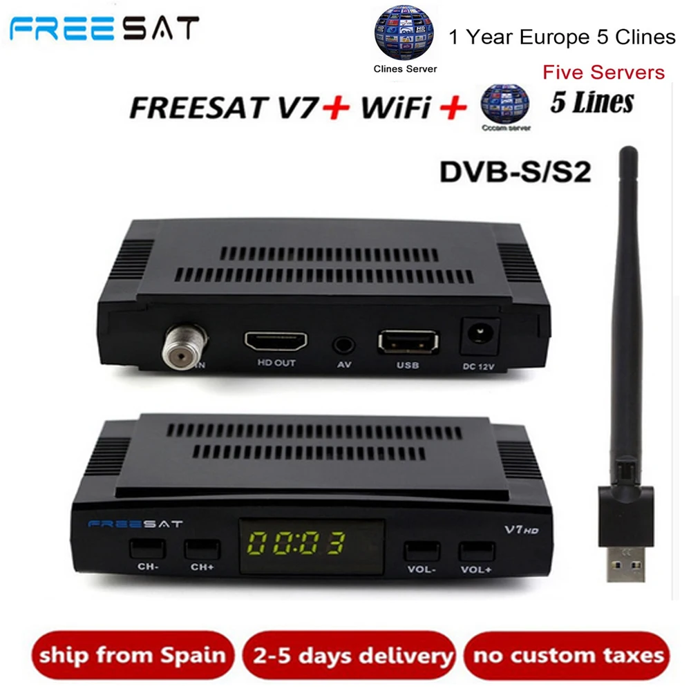 

10PCS Freesat V7 HD CCcam Satellite Receiver +1 Year Europe Spain CCam Cline Server+1 USB WIFI DVB-S2 Receptor Satellite Receive